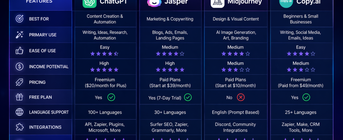 Best AI tools to make money comparison table image